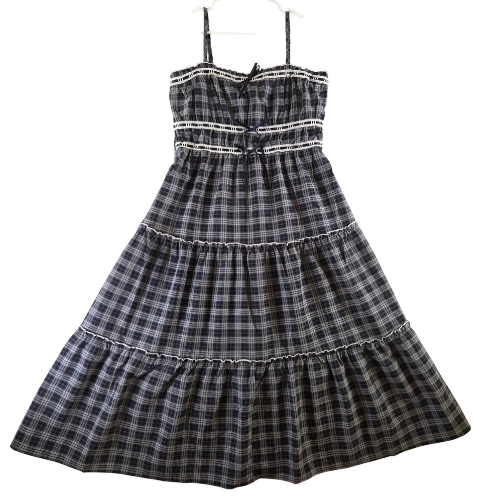 NWT Trixxi Los Angeles Navy Plaid Tiered Midi Milkmaid Dress Lace Bows XL